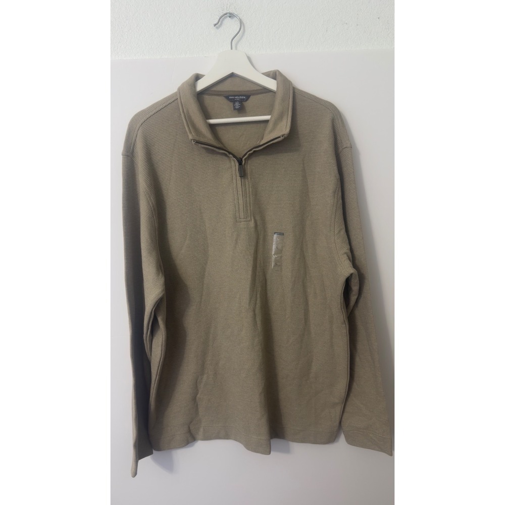 Van Heusen Quarter Zip Pullover Mens L Tan Ribbed Minimalist Preppy Gorpcore‎